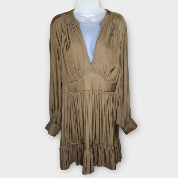 BANANA REPUBLIC Balza Ruffle Mini Dress Olive V Neck Long Sleeve Size Large - Picture 2 of 7